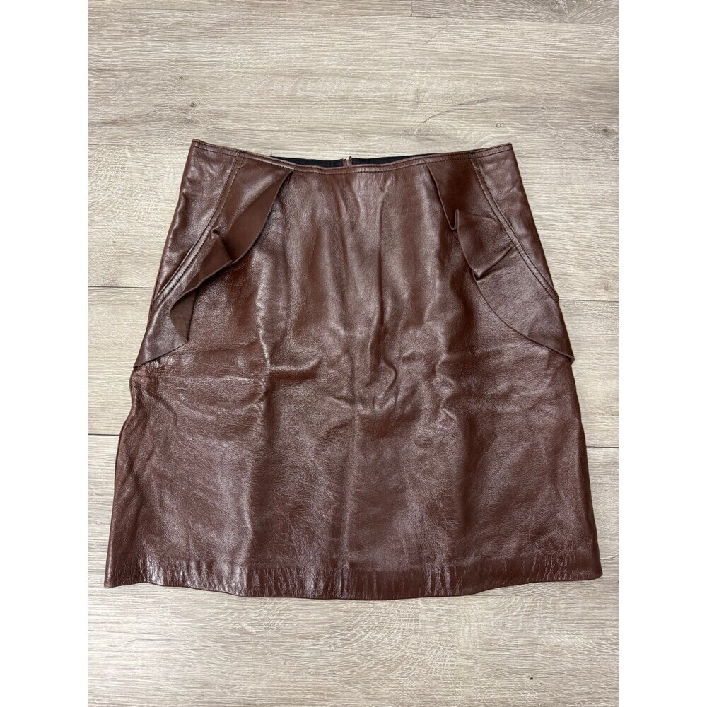 Brown Leather Mini Skirt High Waist Side Pockets Lined Size 1